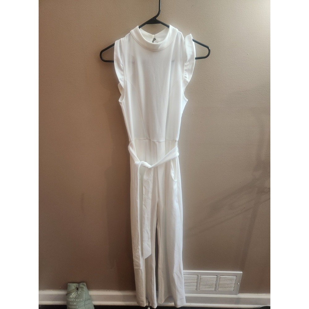 Moa Moa White Belted Wide Leg Jumpsuit Ruffled Shoulder Hem High Neck Size S
